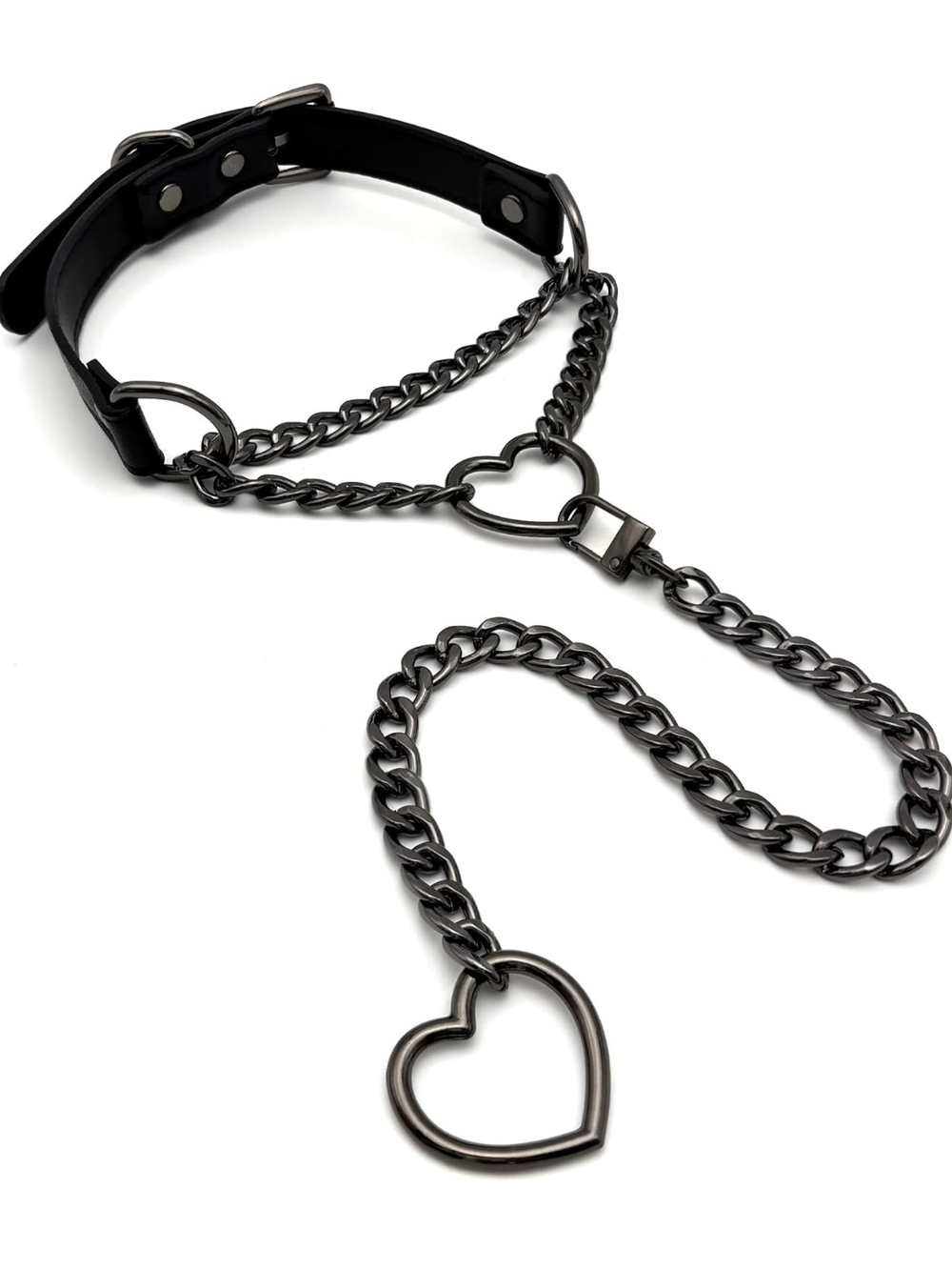 Heart Chain Leather Collar - Black Metal Heart Leash